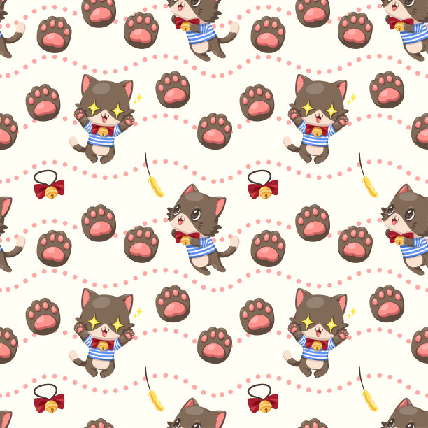 无缝搞笑小猫和爪子卡通人物背景向量图片下载