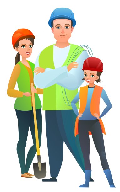 男人和女人和孩子女儿在背心和保护头盔的建设者。开朗的人。站立姿势。卡通漫画风格的平面设计。单个的字符。插图孤立的背景。向量图片下载