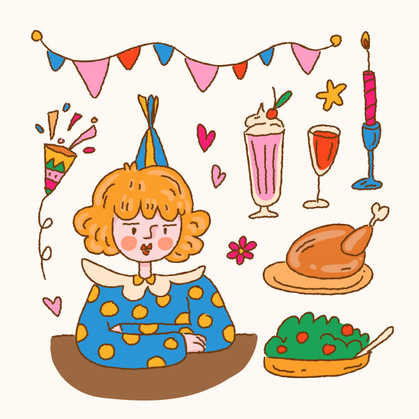 大束孤立的矢量元素的生日聚会食物，装饰和校准，平面彩色矢量图标插图图片下载