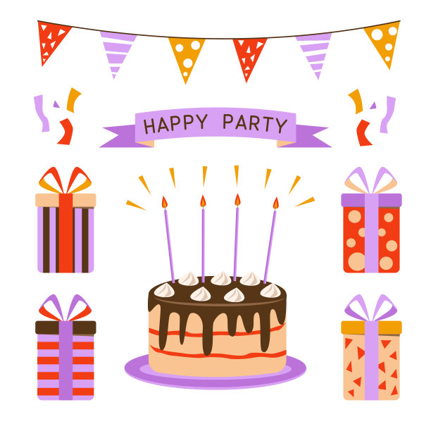 大束孤立的矢量元素生日聚会装饰和校准，平面彩色矢量图标插图图片下载