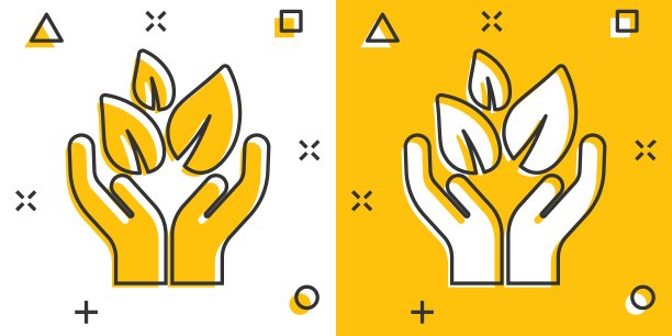 手与植物图标在漫画风格。花芽卡通矢量插图在白色孤立的背景。环保喷溅效果标识的经营理念。图片下载