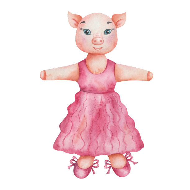 水彩插图手绘橙色猪女孩在舞蹈工作室粉红色的裙子和芭蕾舞鞋与花边。卡通动物的性格图片下载