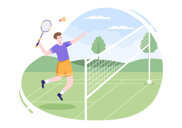羽毛球运动员与羽毛球场上平面风格的卡通插图。快乐玩运动游戏和休闲设计图片下载