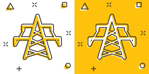 电塔图标在漫画风格。电站卡通矢量插图在白色孤立的背景。高压喷溅效应标志的经营理念。图片下载