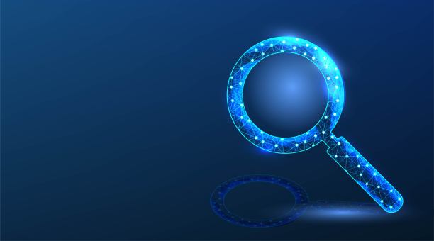 放大镜工具。搜索工具。低聚线框网格设计。在深蓝色的背景上。矢量图图片下载