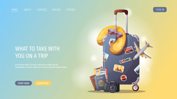 手提箱，旅行枕头，相机，护照和飞机。图片下载