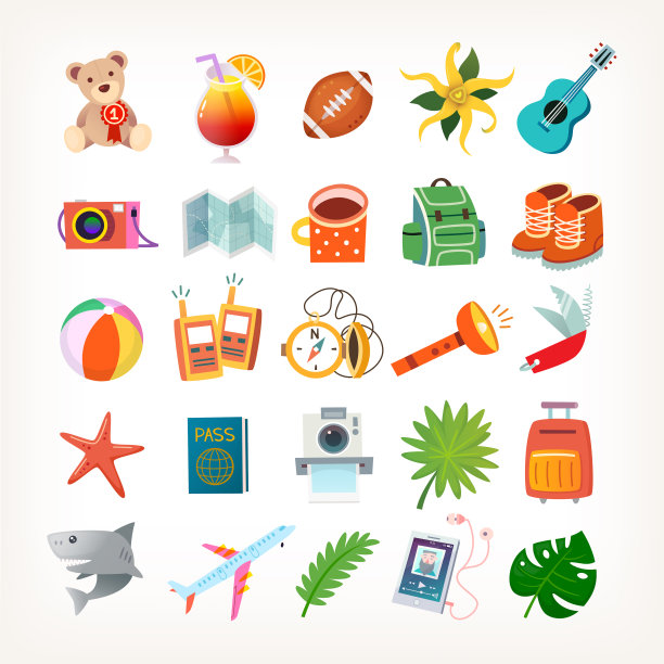 收集夏天的图标和贴纸的游乐场事件，海洋海滩的乐趣，野餐的水果和鲜花，旅游节日和夏季食物。孤立的矢量图。图片下载