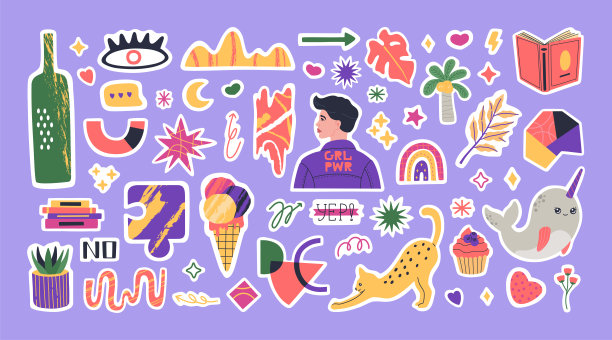 一套各种时髦的贴纸规划师。丰富多彩的元素和字母的日常计划图片下载