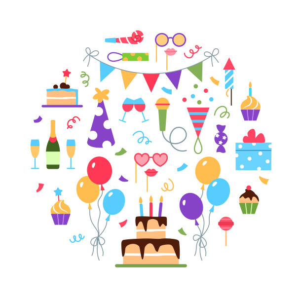 白色背景上的事件服务理念。平假日管理圈设计。生日会、宴会、婚礼庆典安排业务。礼物蛋糕气球对待食物矢量插图。图片下载