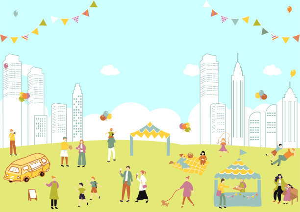 城市景观和人们在公园里享受市场购物的插图图片下载