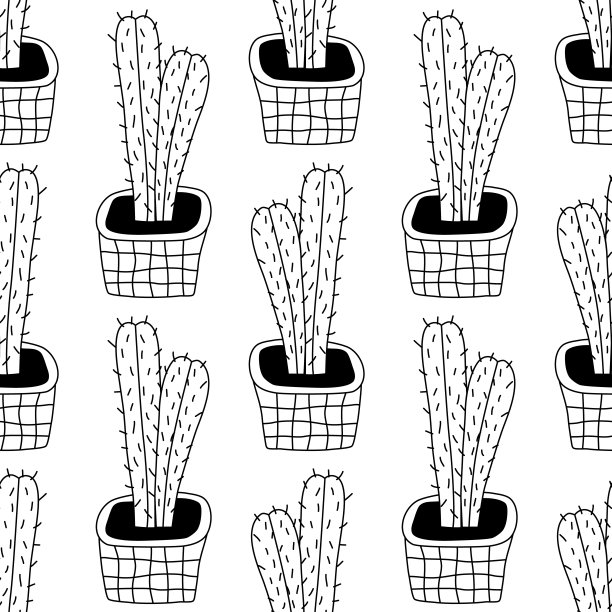 无缝图案与家庭植物手绘风格。手绘轮廓。用于纺织品、贴纸、卡片、墙纸、包装纸的插图。孤立在白色背景矢量插图图片下载