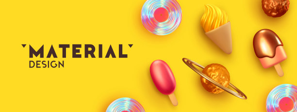 水平黄色横幅，标题为社交媒体和网站。逼真的三维对象设计。海报模板，夏天的背景与冰淇淋。矢量图图片下载