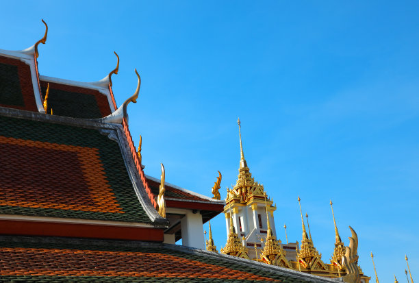 曼谷晴朗的蓝天上的佛教寺庙外观图片下载