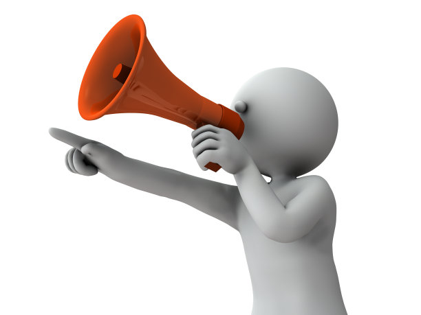 扬声器:有扬声器的人指导和鼓励。振作起来大声。3 d渲染。孤立的白色背景。图片下载