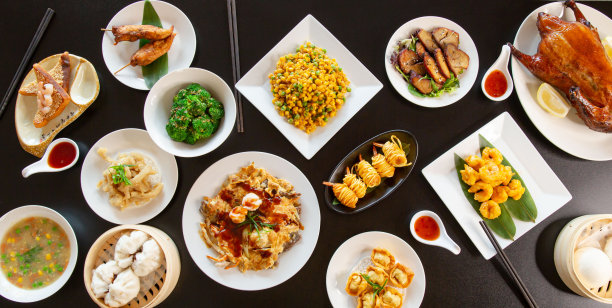 俯视图食物拼盘组合套装传统粤菜茶亚洲美食图片下载