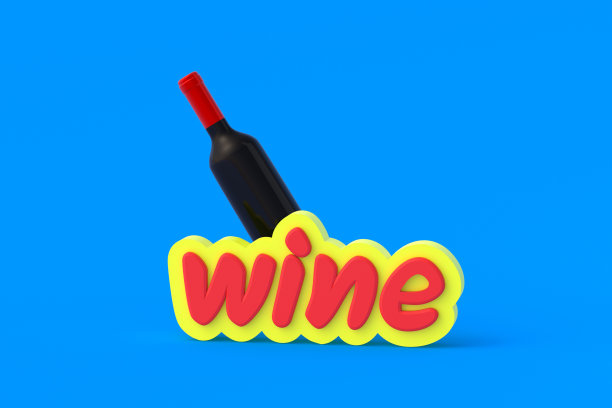 蓝色背景上靠近瓶子的文字wine。三维渲染图片下载