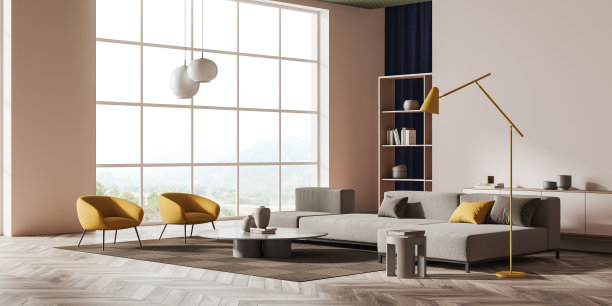 休息区内部有沙发和椅子，梳妆台和全景窗图片下载