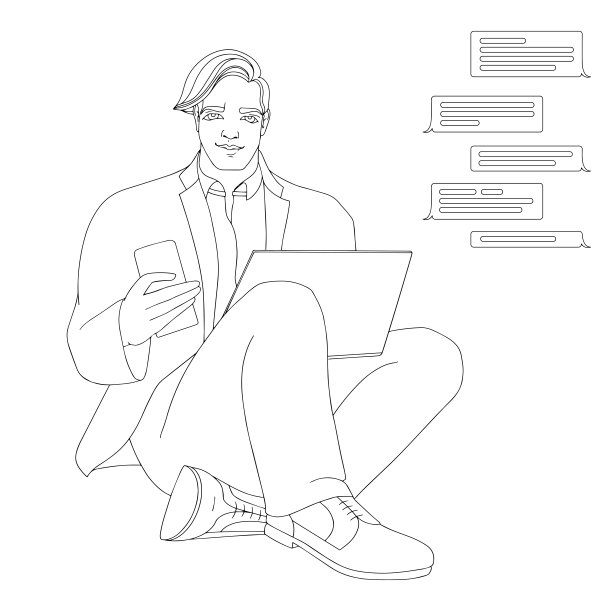 年轻人坐在那里，拿着笔记本电脑和手机。向量。图片下载