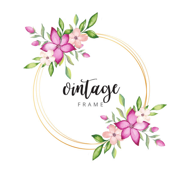 水彩花卉与黄金边界古董框架图片下载