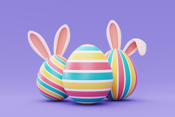 彩色的复活节彩蛋与兔子耳朵上的紫色背景，快乐的复活节节日概念。最小的风格,3 d渲染。图片下载