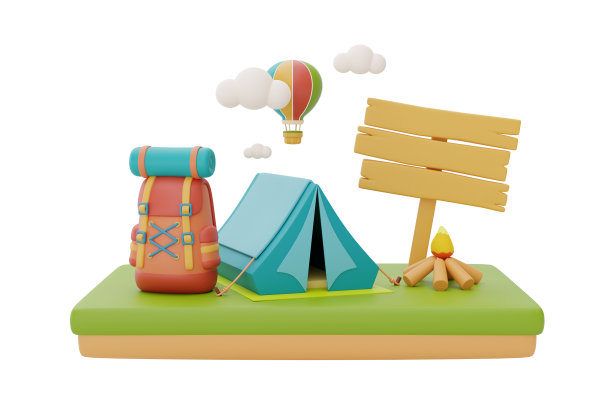 游客露营帐篷和篝火背包和木制路标，夏令营概念，3d渲染。图片下载