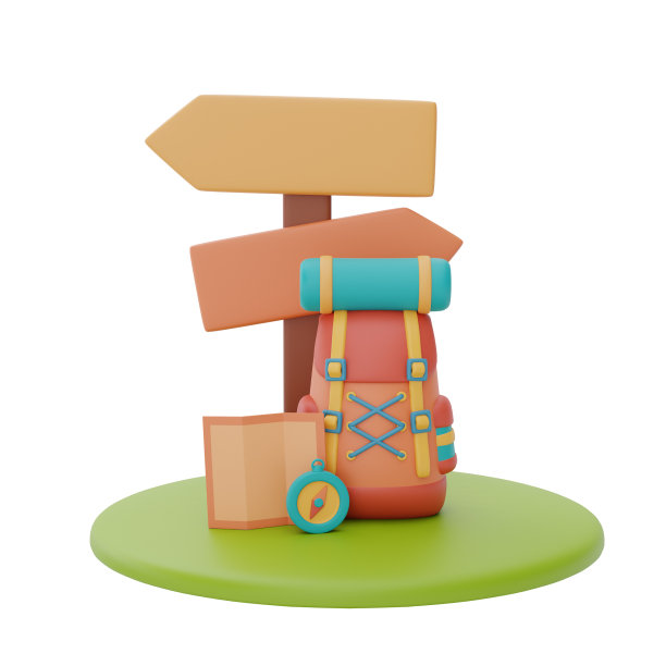 露营路标与旅行背包和露营设备，地图和指南针，夏令营概念，3d渲染。图片下载