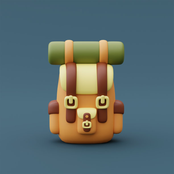 3d渲染旅游背包和睡垫孤立在蓝色背景，露营设备，假期度假概念。最小的风格。图片下载