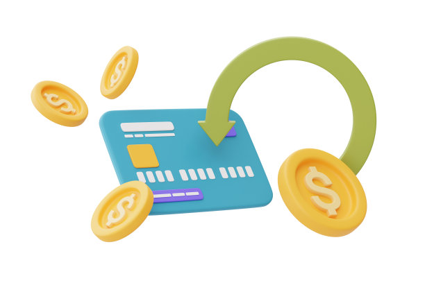 在线退款服务或数字支付概念与蓝色信用卡和美元硬币，3d渲染图片下载