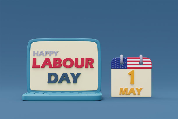 劳动节电脑笔记本电脑屏幕与日历，施工工具和设备。三维渲染图片下载