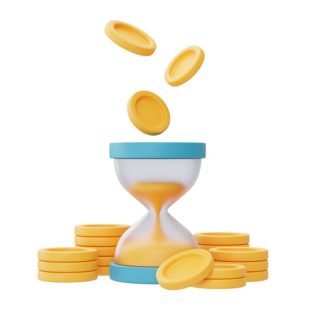 金钱时间价值概念与沙漏和硬币堆叠，时间管理，长期投资，付款期限，3d渲染。图片下载