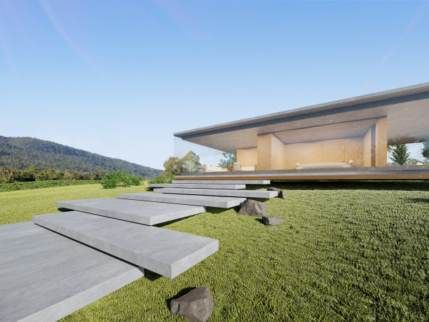 带有大玻璃窗的现代混凝土房子的3d渲染。图片下载