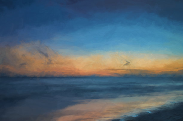 数码绘画的海洋在黄金时间，当黎明开始打破白色的沙滩。图片下载