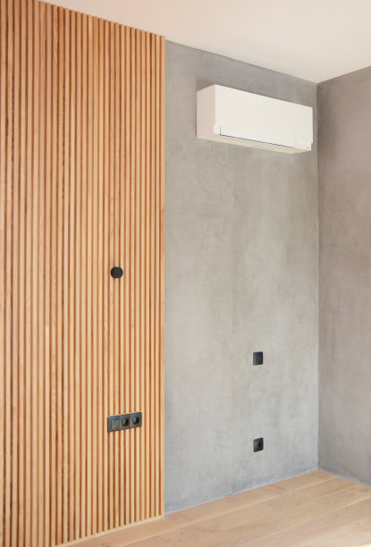 现代客厅设计:木镶板与灰色威尼斯抹灰相结合，灰色墙面饰面与空调、电器开关和插座相结合。图片下载