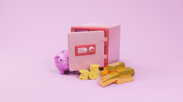 保险箱字体视图与硬币和存钱罐粉红色3d渲染。图片下载