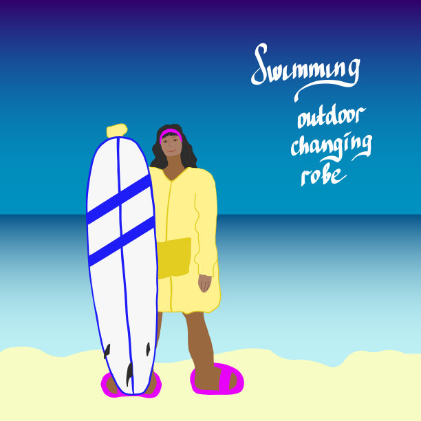 在海洋沙滩上穿着黄色干长袍的女人冲浪图片下载