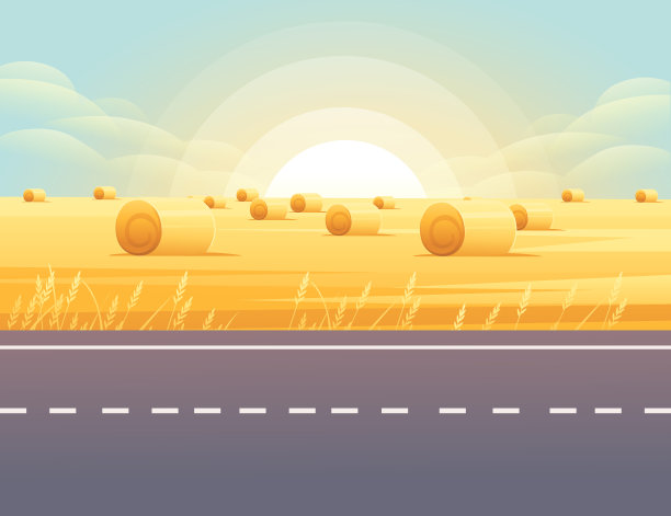 通往城市的道路笔直空旷，道路穿过乡村草地与麦田，阳光明媚的一天与晴朗的天空矢量插图图片下载