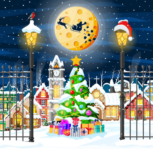 有城市景观和降雪的圣诞卡图片下载