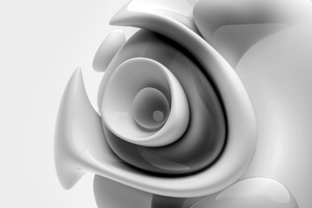 单色黑白抽象艺术3d背景的三维渲染，部分球形雕塑在曲线圆润的线条中形成白色光滑的陶瓷材料和透明的塑料部件图片下载
