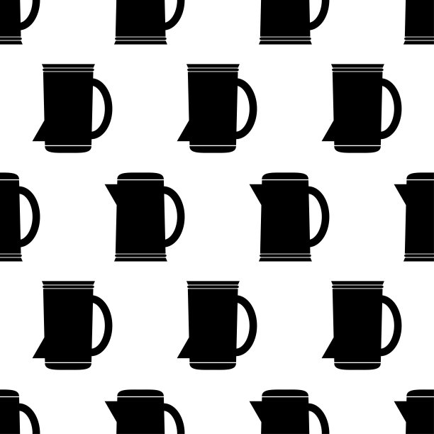 无缝图案与茶壶。黑色扁平图标水壶在白色背景。现代设计用于织物，包装纸，壁纸，包装。矢量图图片下载