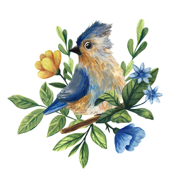 可爱的水彩小鸟插图。鸟在花丛中。花卉装饰。卡通风格。水粉颜料绘画。儿童插图。动物的画像。孤立的手绘插图。Ornitology艺术。Birdwatchig爱好。图片下载