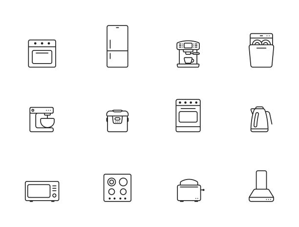 厨房电器线图标设置。家用电气设备符号。孤立的矢量图图片下载