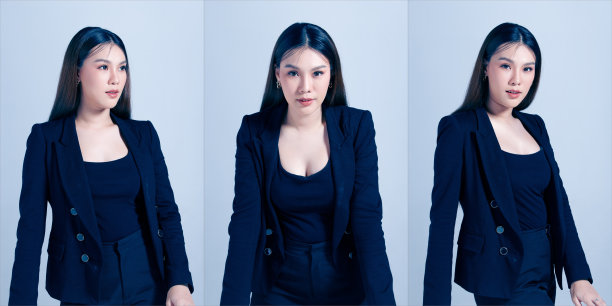 拼贴半身像20多岁的亚洲商业女性黑色长直发穿黑色西装图片下载