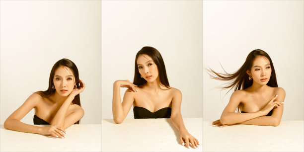 拼贴半身像20多岁的亚洲女人黑色长直发与风吹头发图片下载