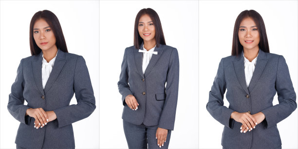 半身像20年代亚洲商业女性黑色短发白色衬衫灰色西装裤子图片下载