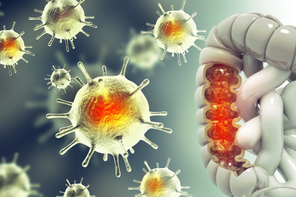 结肠癌。癌症细胞攻击。结肠疾病的概念。三维演示图片下载