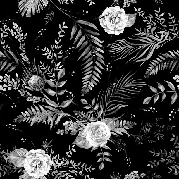 水彩复古黑白无缝图案与精致的玫瑰和热带棕榈叶的花朵图片下载