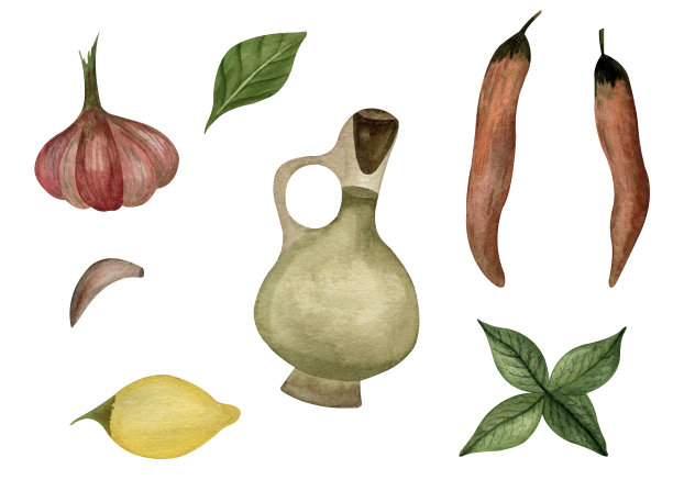 意大利披萨食品水彩套装。红辣椒，大蒜，柠檬，橄榄油，薄荷，罗勒叶图片下载