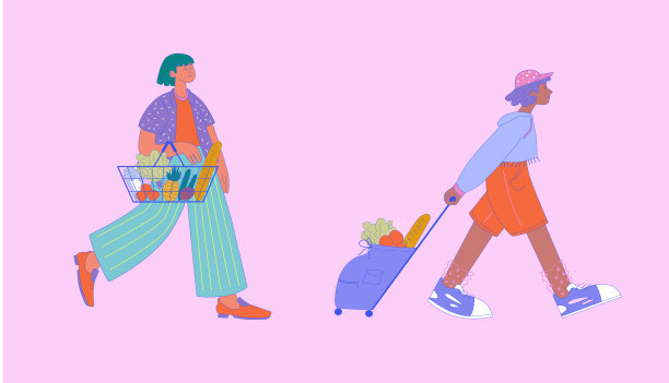 女人带着篮子，女孩带着购物袋素材图片