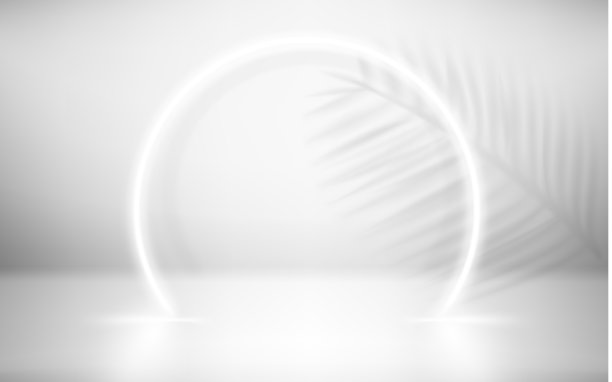 白色霓虹灯发光的圆圈和阴影的植物在白色的内部。3 d矢量图图片下载