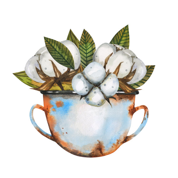 美丽的水彩农舍喷壶和杯子。手绘剪贴画艺术复古生锈的插图设计明信片，剪贴簿，贴纸。图片下载